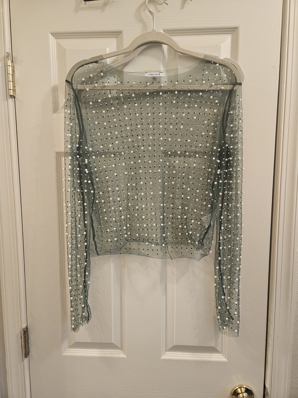 White Birch Pearl Rhinestone Sheer Mesh Top Dark Green XL NWOT